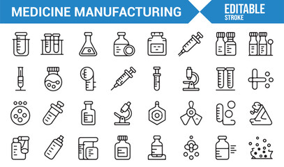 Set of Medicine Manufacturing Icons Including Laboratory Equipment, Syringes, and Bottles for Healthcare and Pharmaceutical Projects