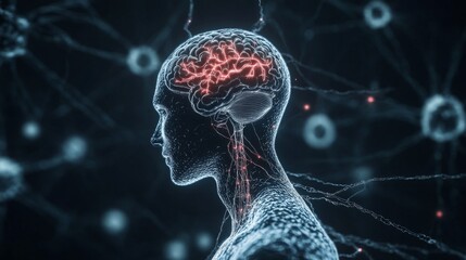 Human brain and nervous system against a black background, animation.