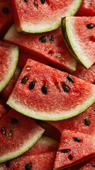Close-up of watermelon slices with bright red flesh, black seeds and green rind