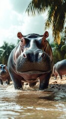 Fototapeta premium Hippos bathing by the river under palm trees during a bright sunny day in a tropical setting