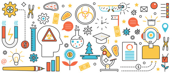 Theoretical science study and experiments. Abstract research technology, laboratory equipment, microscope and VR glasses to learn information in infographic concept banner, thin line art design