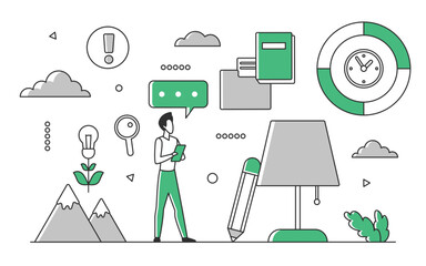 Marketing manager searching new information content. Seeking and analyzing informational resources vector monocolor illustration