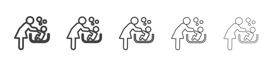Mother washing baby in bath tub icon Line graphics illustration symbol