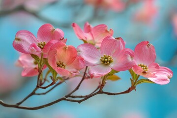 Obraz premium Dogwood Branches. Spring Blossom of Pink Flowers and Leaves against a Blue Sky