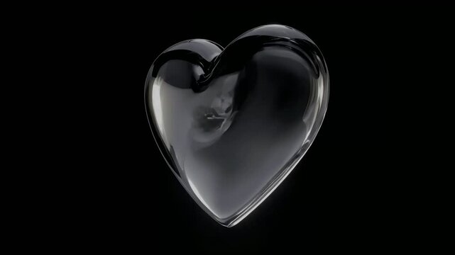 3D glass heart rotating in 360 degrees on a black background. The transparent crystal texture reflects light, creating a luxurious and modern look