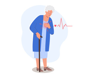 An elderly woman with heart pain holding her chest. Cardiovascular disease concept. Flat vector illustration
