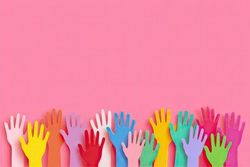 Colorful paper cutout hands reach up against a bright pink background