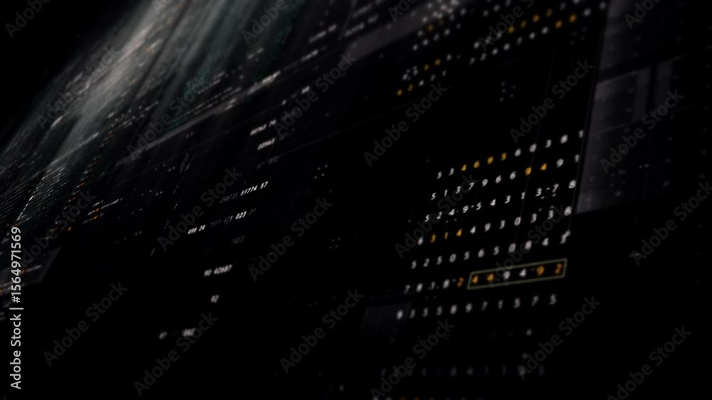 Poster Futuristic digital screen matrix with encrypted data, hi-tech telemetry, and dynamic code patterns. Ideal for desktop displays, sci-fi UI, and cyber tech backgrounds