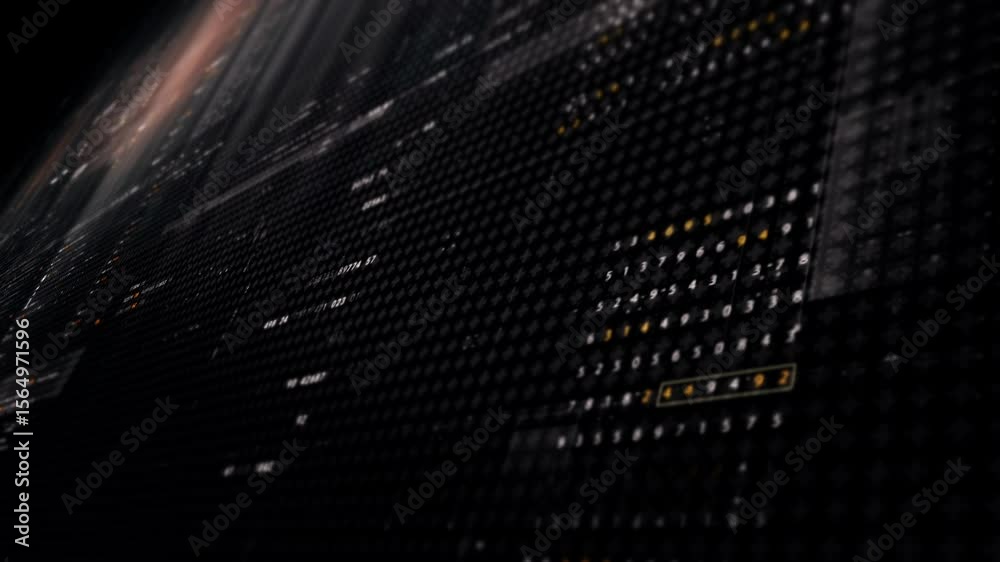 Poster Futuristic digital screen matrix with encrypted data, hi-tech telemetry, and dynamic code patterns. Ideal for desktop displays, sci-fi UI, and cyber tech backgrounds