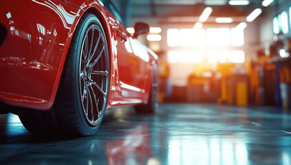 Capturing a low angle view of a vibrant red sports car parked inside a modern, bright auto repair shop, highlighting sleek design and luxury