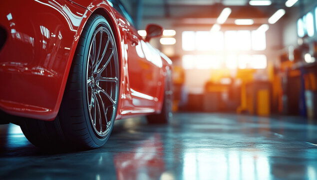 Capturing a low angle view of a vibrant red sports car parked inside a modern, bright auto repair shop, highlighting sleek design and luxury