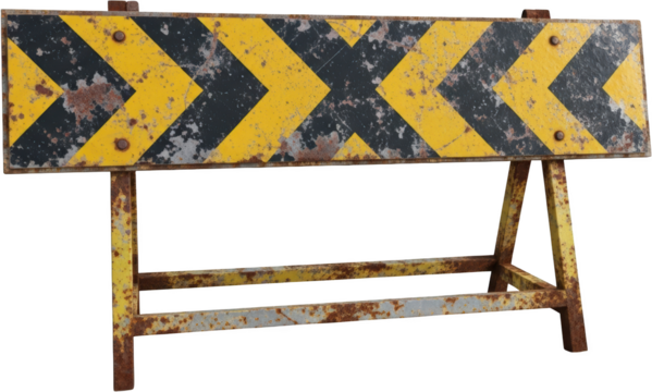 Distressed yellow and black chevron striped metal road safety barrier with heavy rust on transparent background