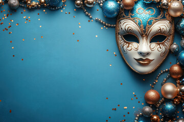 Ornate venetian mask adorned with festive ornaments, highlighting seasonal elegance and traditional holiday celebration spirit