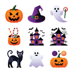 Fototapeta premium 2d vector illustration Halloween t shirt icon design items ghost character Candles in carved pumpkin 