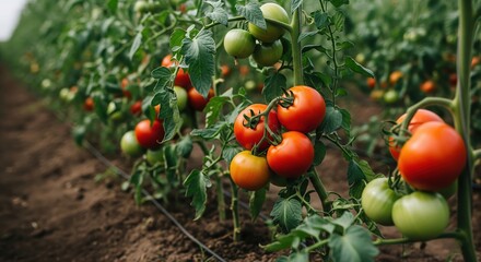 Ripe Red Tomatoes Growing on Vine in Greenhouse