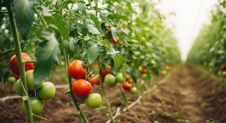 Ripe Tomatoes Growing on Vines in a Greenhouse, Sunlight and Freshness.