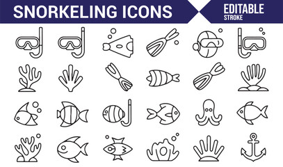 Underwater Adventure Icons Including Snorkel Gear, Coral, and Tropical Fish