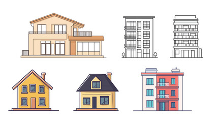 Simple Line Art of House and Apartment &ndash; Minimalist Vector Illustration