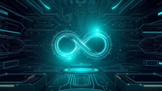 the infinity sign is lit, representing software engineering operations. The concept of development operations, interaction of programmers, engineers, data handling. 4k video