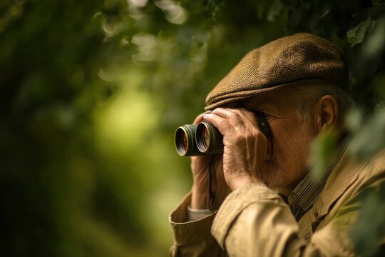 Elderly man in a cap intently observing through binoculars amidst foliage - Powered by Adobe