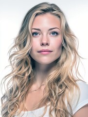 Fototapeta premium Stunning blonde woman portrait. Perfect for beauty, fashion, and haircare. Ideal for websites, magazines, and social media.
