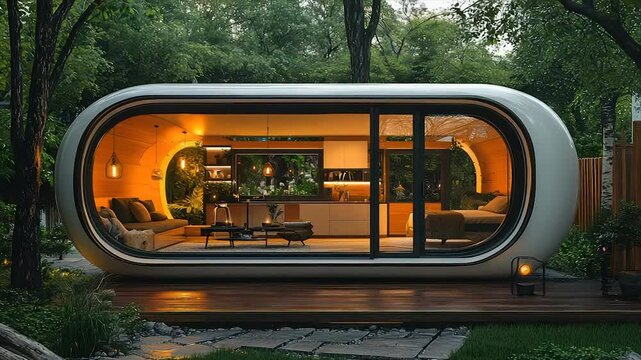 Modern, oval-shaped tiny home nestled in a lush forest setting, featuring warm interior lighting and a minimalist design