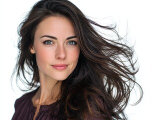 Naklejka premium Beautiful woman portrait, long brown hair, green eyes. Perfect for beauty, fashion, and haircare. Ideal for websites and magazines.