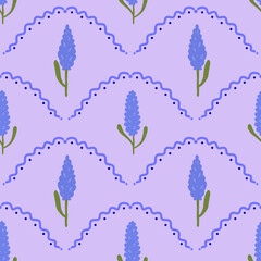 Subtle lavender seamless pattern. Scallop fan shaped geometrical herbal ornament. Art nouveau stylized hand drawn small lavander flowers and arches repeat allover background