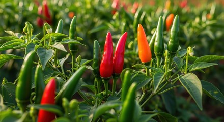Vibrant Chili Peppers in a Lush Garden at Sunset