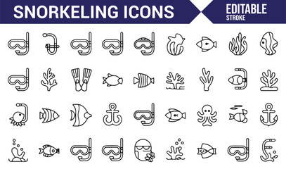 Collection of Snorkeling Icons for Water Sports, Ocean Life, and Diving Adventures