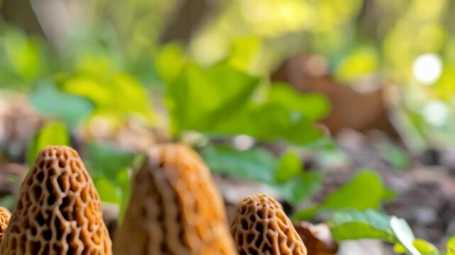 Close up of several morel mushrooms growing in natural forest setting with filtered light