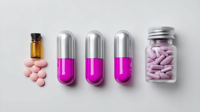 Three pink pills are on a table next to a bottle. The pills are in a row and the bottle is on the left