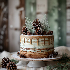 Festive layered cake decorated with pinecones and greenery on a wooden table during winter celebrations, generative ai