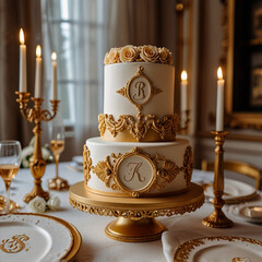 Elegant two-tier wedding cake decorated with golden accents and floral embellishments in a luxurious banquet hall, generative ai
