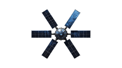 Satellite space station orbiting earth with solar panels for energy and power generation in orbit view on transparent background