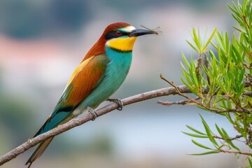 Obraz premium European bee eater perched on branch holding insect in beak