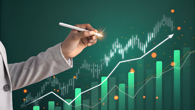 Business professional drawing a financial graph on a digital screen representing stock growth and success.