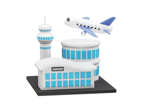 Airport Scene with Airplane Taking Off icon 3d rendering illustration