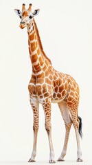 Obraz premium Giraffe stands gracefully in natural pose, showcasing unique patterns and long neck in a bright setting