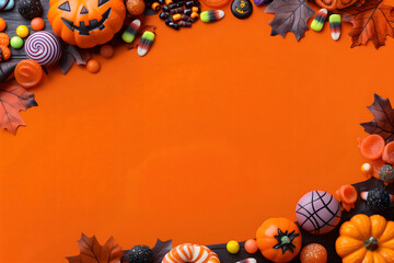 Halloween background with sweet sugar treats and toys