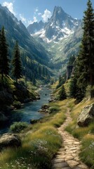 Obraz premium Scenic mountain valley with flowing river and rocky path surrounded by tall trees on a bright day