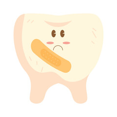 Sad Cartoon Tooth with Bandage Illustration