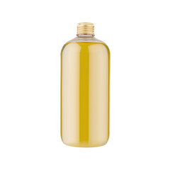 Elegant plastic bottle with clear, yellow liquid, likely an essential oil, mockup, isolated. Shiny gold lid. Its glossy. Ideal for beauty therapy or hydration, advertising, branding identity.