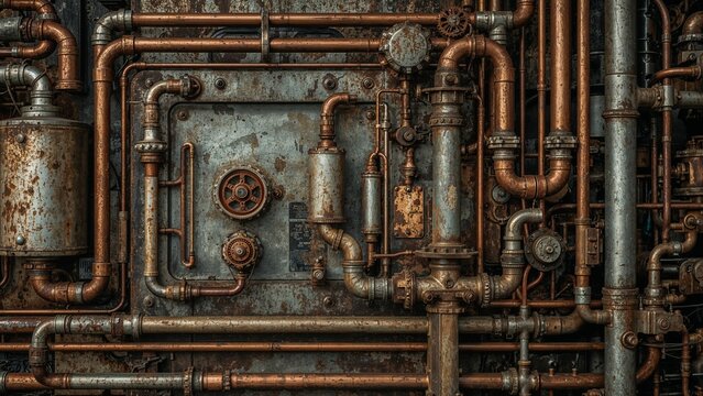 Intricate steampunk machine with rusted metal and copper pipes
