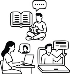 E-Learning and Online Education Vector Illustration Set – Students, Video Class, Virtual Learning
