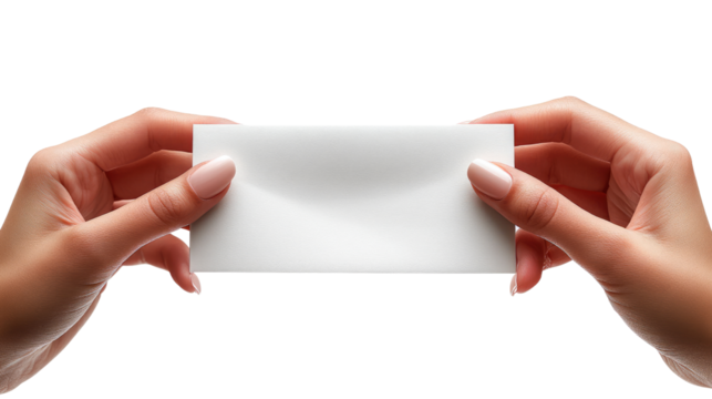 Female hand holding a blank business card for your message or advertisement isolated on white background.