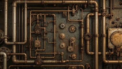 Steampunk industrial wall of pipes and gears