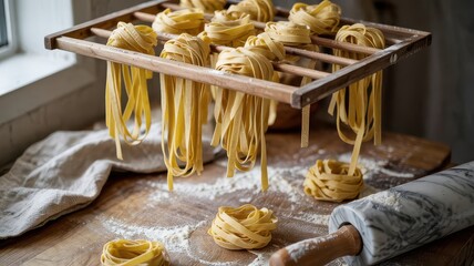 Fresh pasta fettuccine noodles hanging on wooden drying rack with flour dusted surface and rolling pin in rustic kitchen setting
