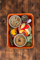 Set of various spices and herbs.