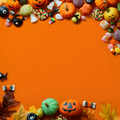 Fototapeta premium Halloween background with assorted candy and spooky toys